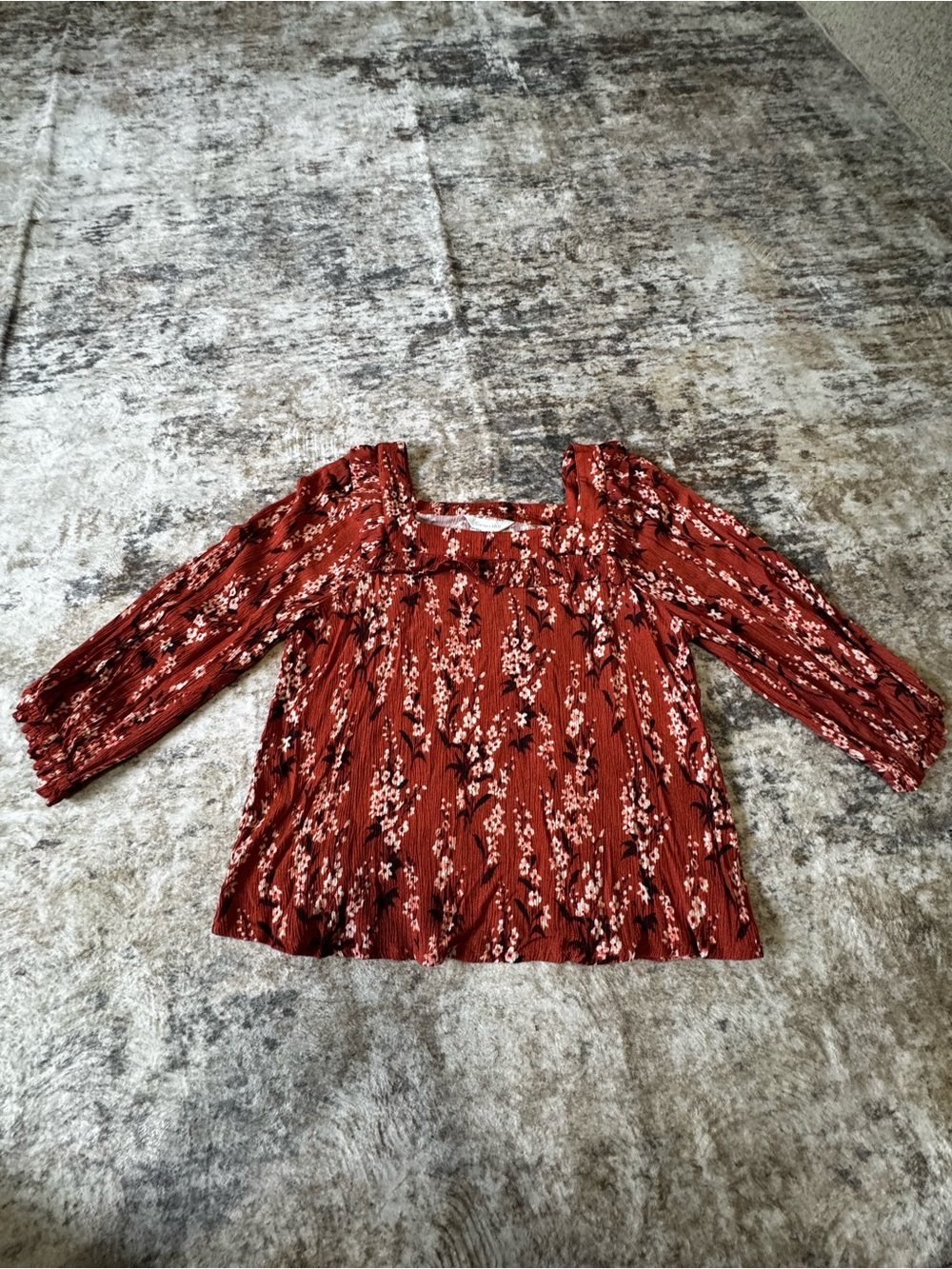 Garnet Hill Jasmine Crepe Rust Floral Square-Neck Blouse Prairiecore Autumnal